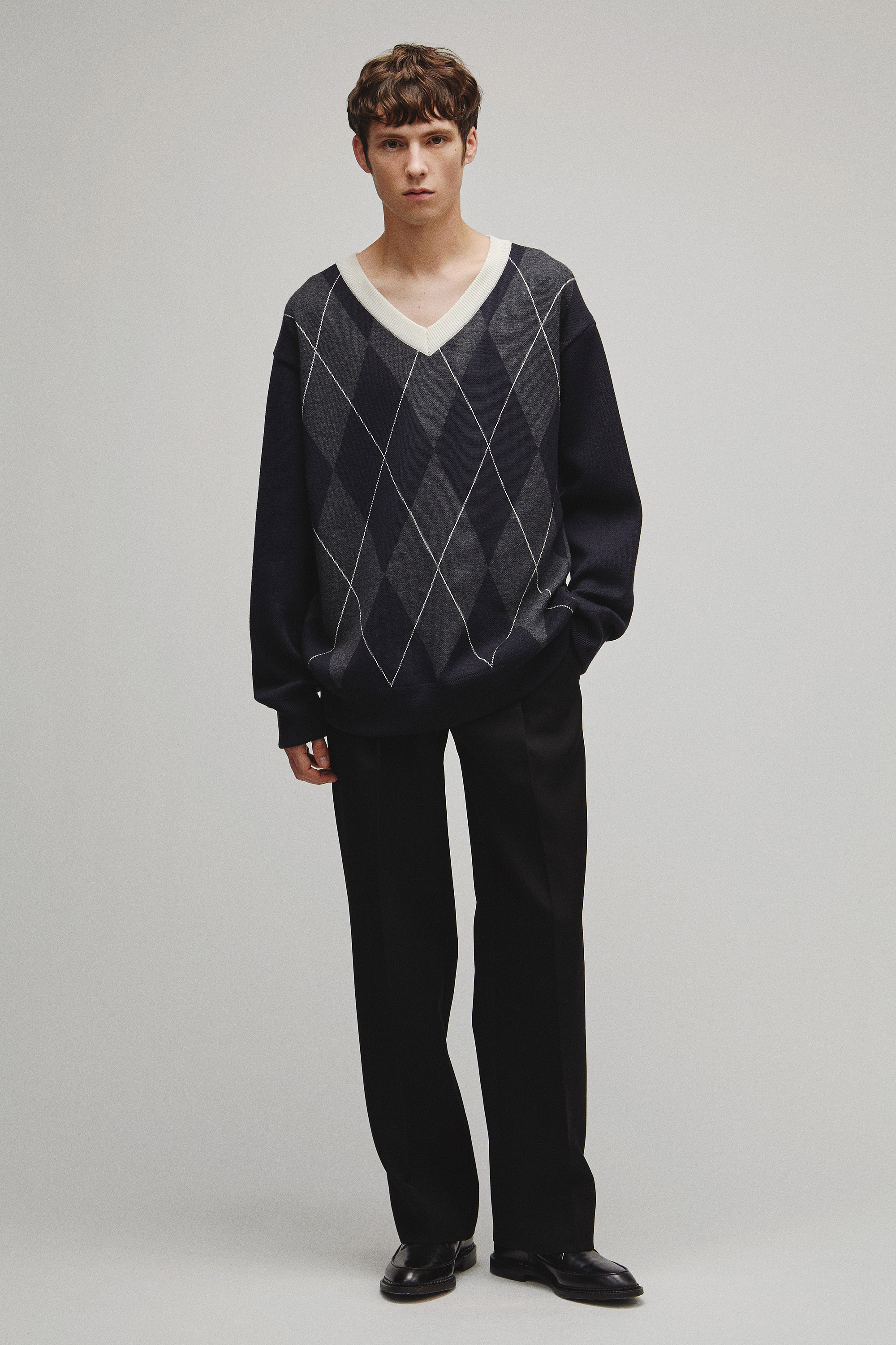RERACS ARGYLE V NECK KNIT