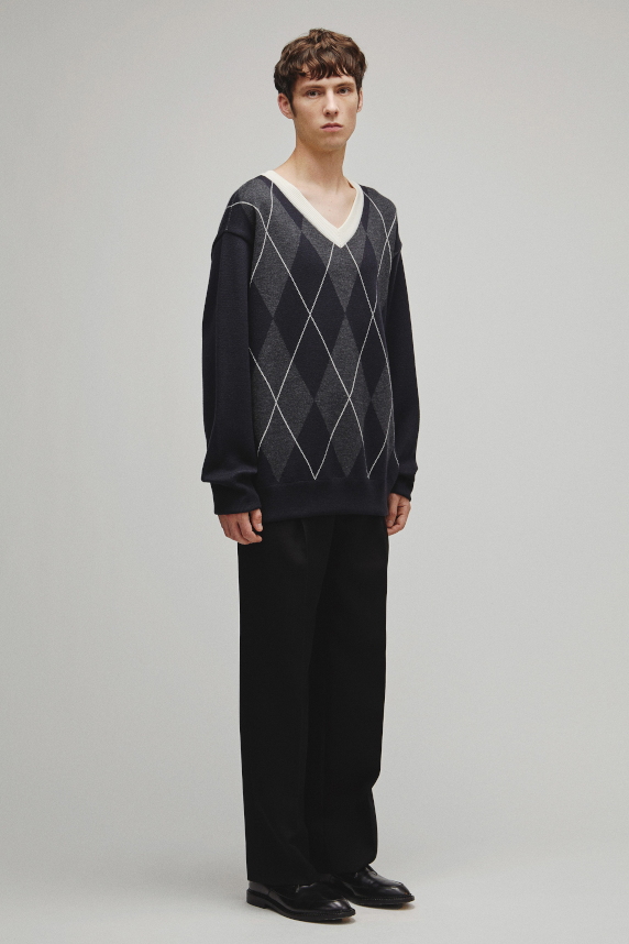 RERACS ARGYLE V NECK KNIT