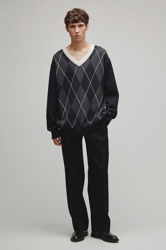 RERACS ARGYLE V NECK KNIT