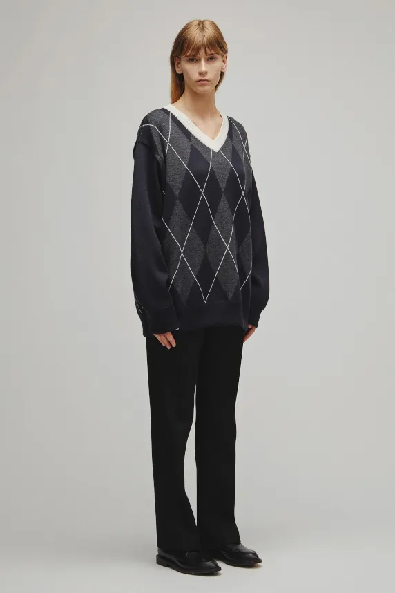 RERACS ARGYLE V NECK KNIT