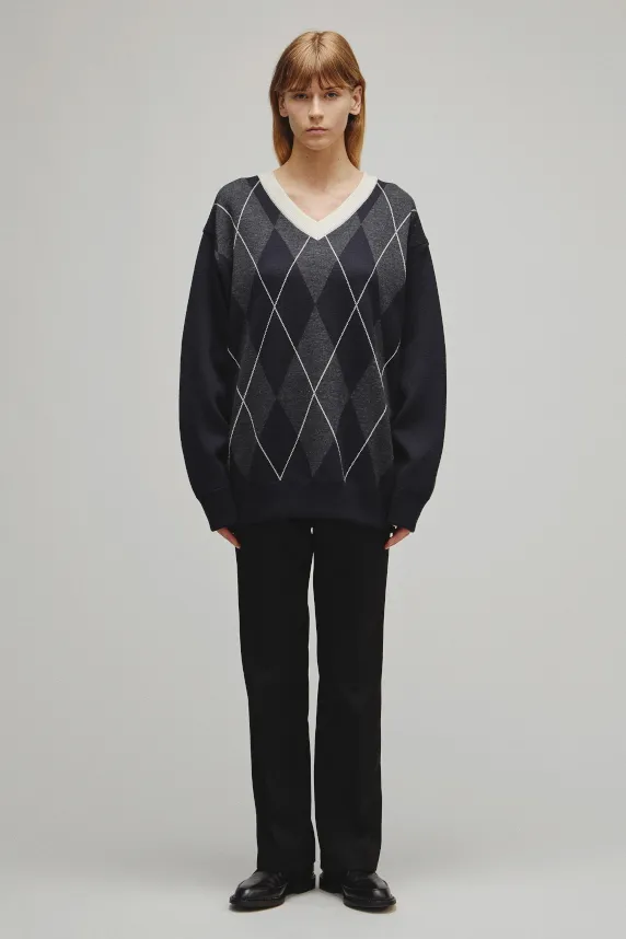 RERACS ARGYLE V NECK KNIT