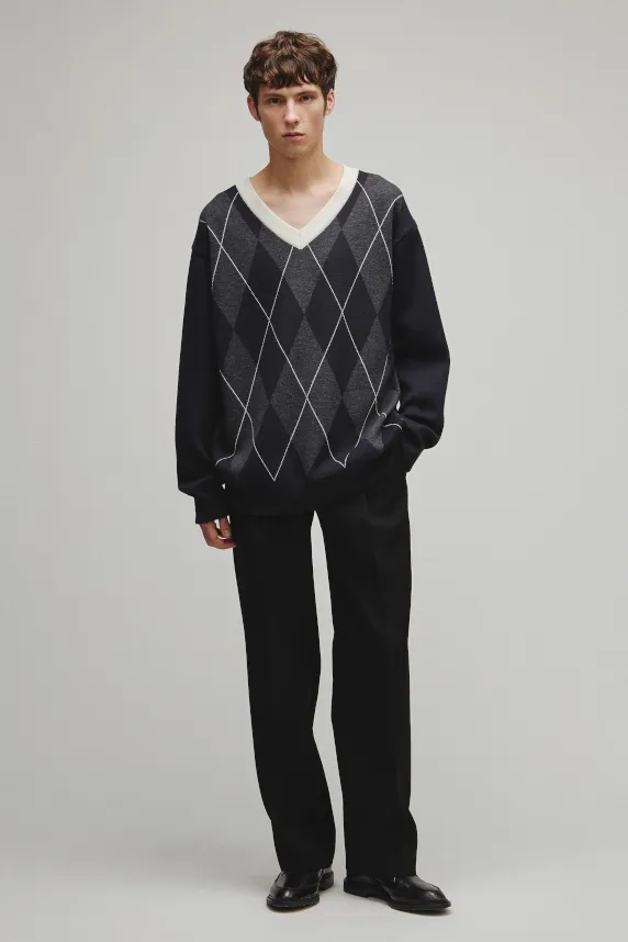 RERACS ARGYLE V NECK KNIT